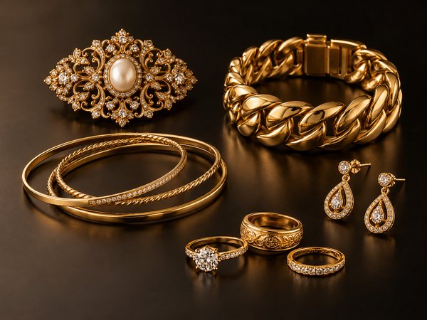 Goldschmuck: Armreifen, Ringe, Brosche und Ohrringe